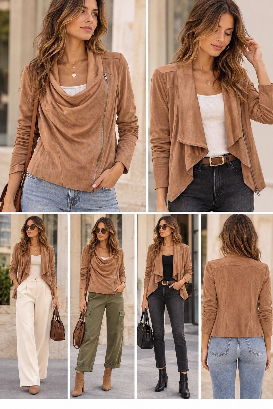 BLANK NYC Camel Faux Suede Draped Moto Jacket Asymmetrical Zip Waterfall Collar